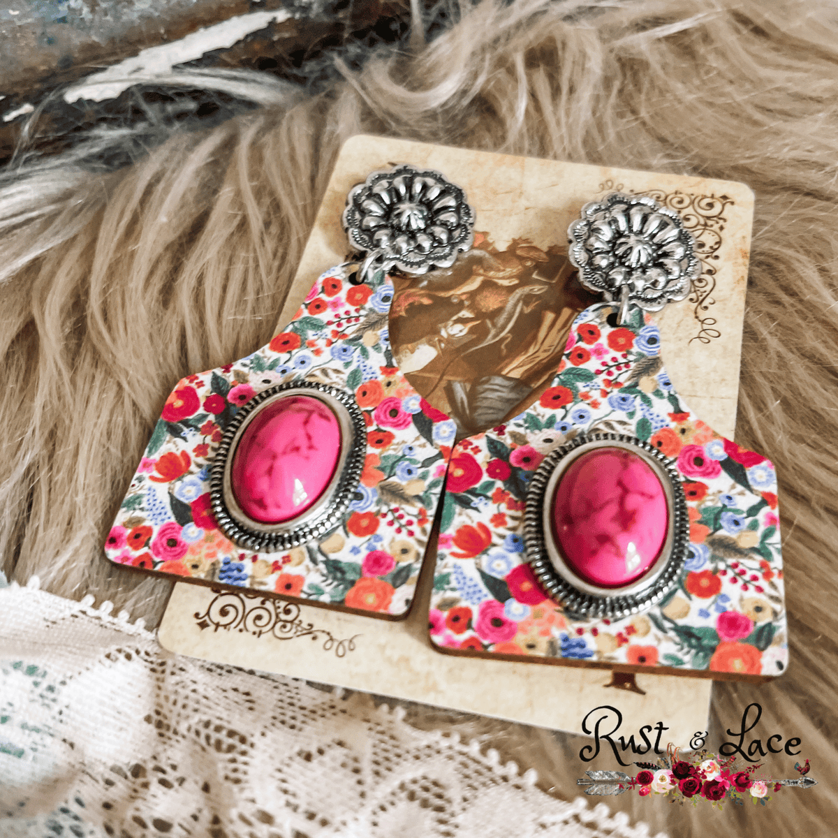 Cattle Tag Floral Earrings