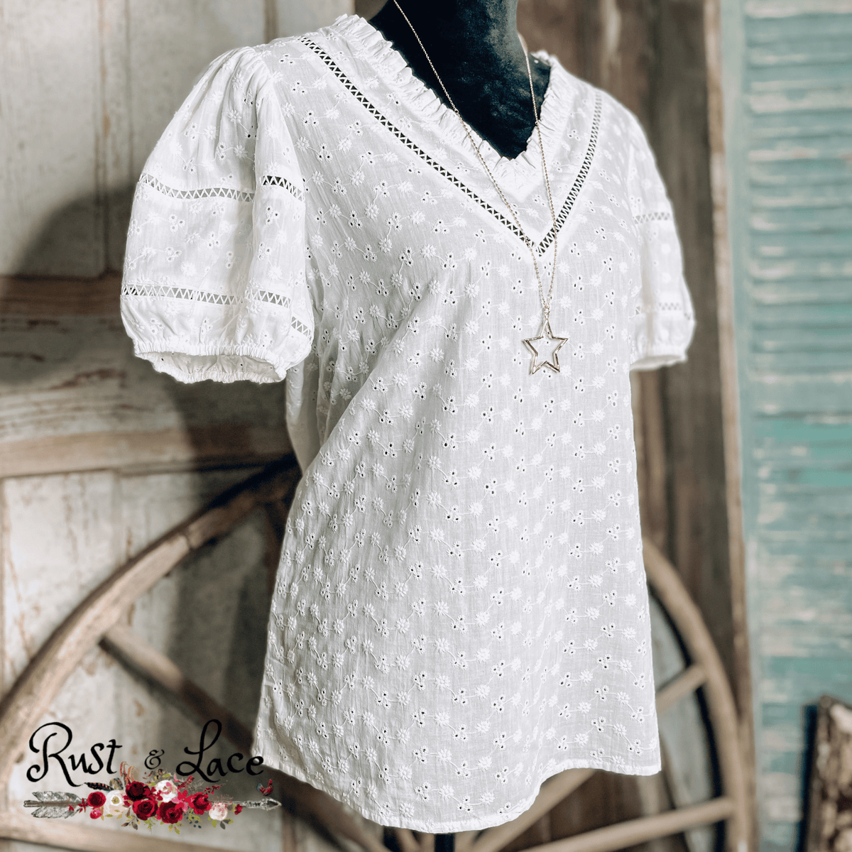 White Eyelet Top with ruffled sleeves